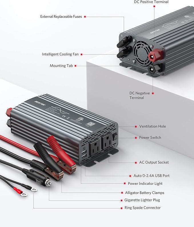 BESTEK 500W Pure Sine Wave Power Inverter DC 12V to 110V AC Car Plug Inverter Adapter Power Converter with 4.2A Dual USB Charging Ports and 2 AC Outlets Car Charger, ETL Listed, Grey