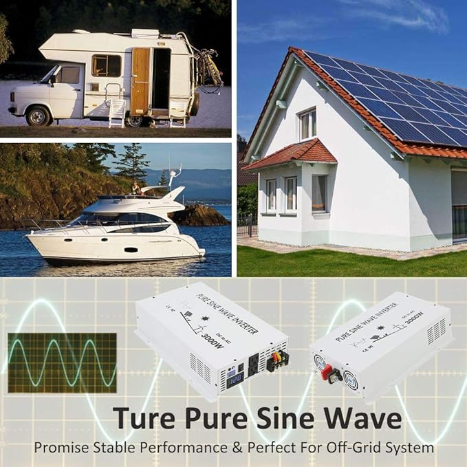 3000W Pure Sine Wave Power Inverter DC 48V to 110V 120V AC Car Inverter with Dual Outlets +Hardwire Terminal +Digital LED Display Solar Converter