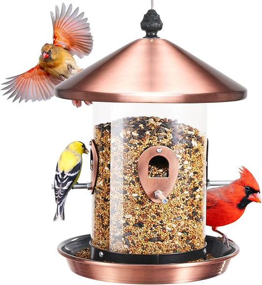 Kingsyard Metal Hopper Bird Feeder for Outdoors Hanging with 8 Ports, 3 lbs Large Capacity Tube Bird Feeder with Seed Tray, Easy to Fill and Clean, Copper