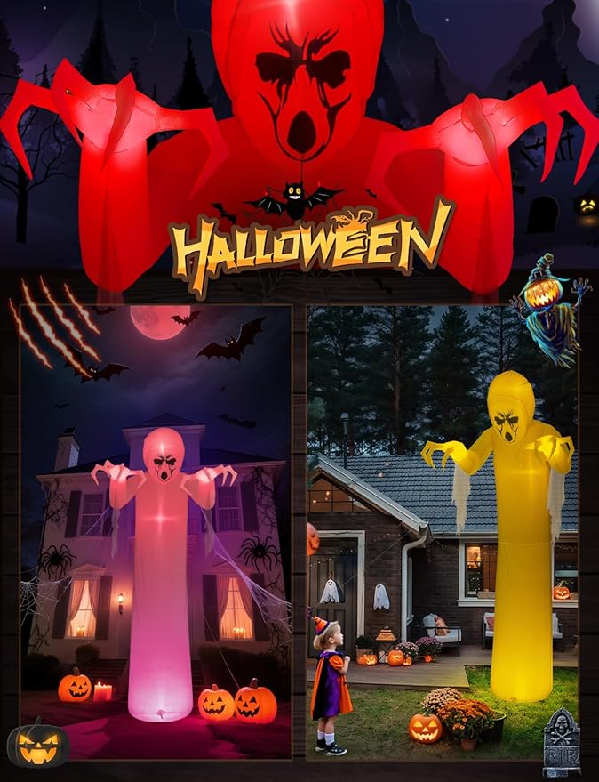 Elegear 12FT Giant Halloween Inflatable with Flowing Gauze, 7-Mode Color Changing RGB Lights, Scary White Ghost Halloween Blow Up Yard Decorations Outdoor for Lawn Garden Porch Party