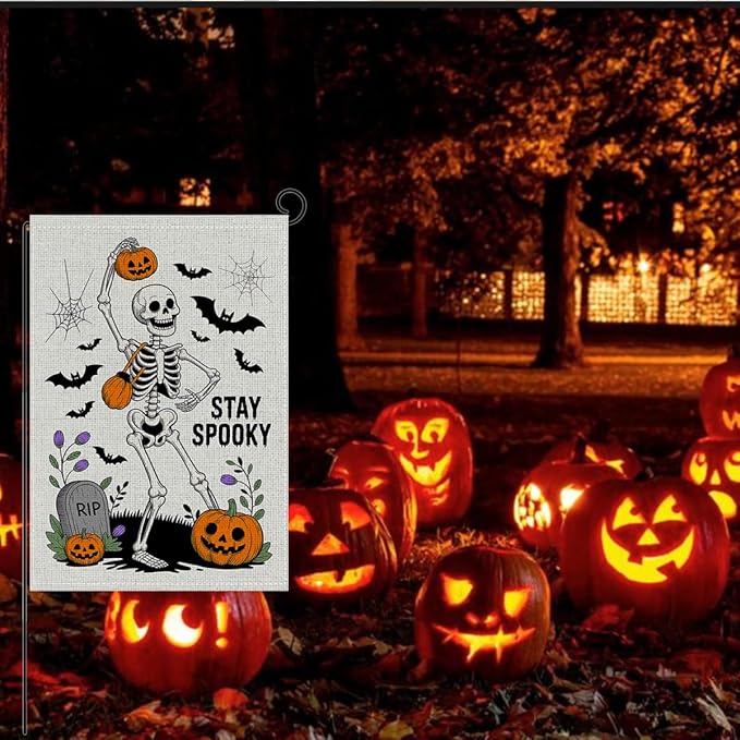HTBIG Funny WSkeleton Halloween Garden Flag, Spooky Halloween Garden Flag, Yard Flags for Outside 12x18 inch, Outside Yard for Home Decorations