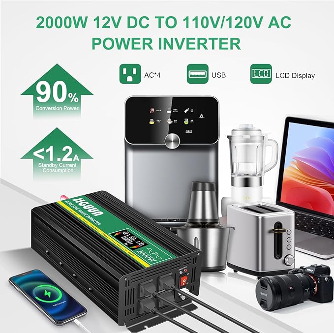 JIGUUN Power Inverter 2000 Watt, DC 12V to AC 120V Pure Sine Wave Inverter with LCD Display, 4 AC Outlets&USB Output, Power Converter with Remote Control for RV Emergency Camping. (PRO2000W-12)
