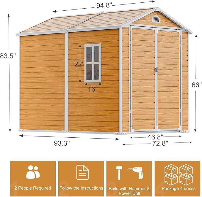 Resin Storage Shed with Floor 8 x 6 FT Waterproof Plastic Outdoor Garden Sheds Kit with Lockable Door & Windows,Patio Tool Shed for Backyard Lawn, Wood Color