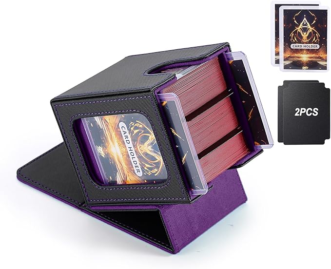 MTG Deck Box, Double Display Window MTG, Commander Deck Box Fits 120+ Single Sleeved Cards, PU Leather Magnetic Closure Card Box with 2 Dividers&2 Toploaders for TCG, CCG, Black/Violet