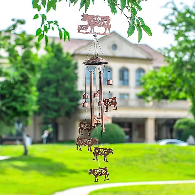 Cow Wind Chimes Outdoor Cow Gifts for Women/Men/Mom/Wife/Grandma Birthday Gifts Memorial Gift Metal WindChimes for Outside/Indoors, Lawn, Patio, Home, Porch, Yard Decor, Garden Decorations