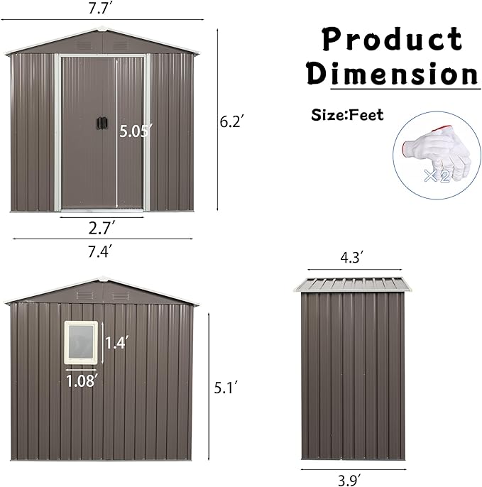 8x4 ft Outdoor Metal Storage Shed with Floor Foundation and Window, Lockable Galvanized Steel Tool Shed with Sliding Door and Air Vent, Waterproof Garden Storage House for Backyard, Patio
