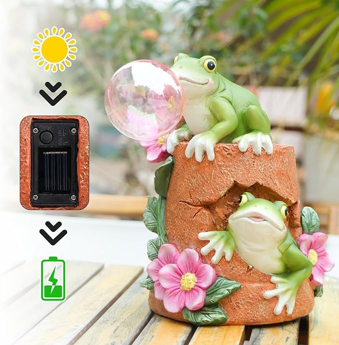 Afirst Solar Garden Outdoor Statues Frog Solar Garden Statue Blowing Bubble with Flowers Waterproof Resin Figurines Yard Outdoor Decorations for Patio Yard Lawn Ornament Gifts