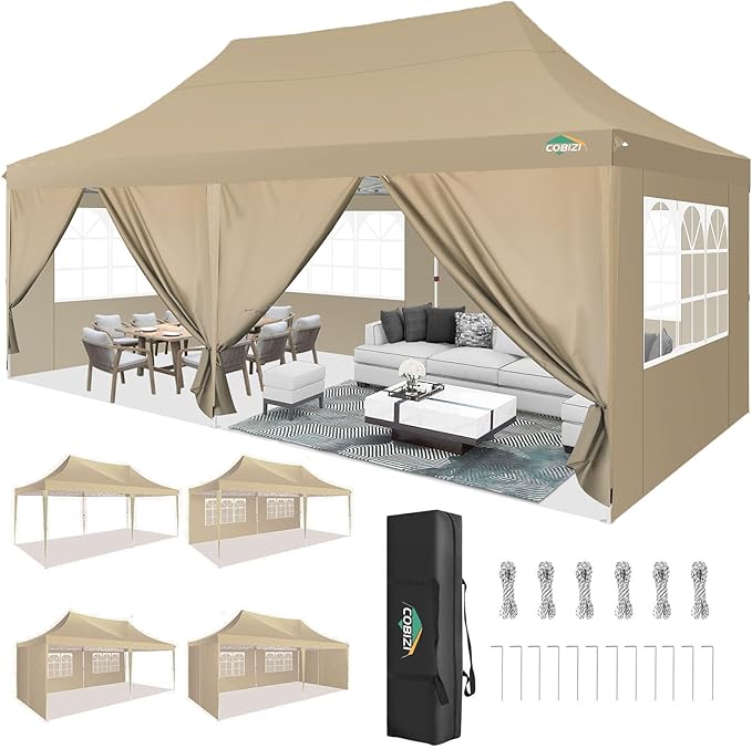 COBIZI 10x20 Pop Up Canopy with 6 Sidewall, Commercial Canopy UPF 50+ Waterproof Outdoor Gazebo with Carry Bag, Tents for Parties with Upgrade Frame, 3 Height Adjustable, Khaki