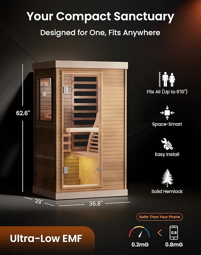 PAETA Infrared Sauna for Home | 1-Person Dry Sauna with 5 Carbon Heaters | Fast & Even Heating Low EMF Sauna | Bluetooth & Chromotherapy| Canadian Hemlock(Wooden)