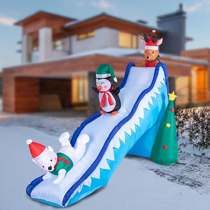VCUTEKA Christmas Inflatables Outdoor Decorations - 9FT Inflatable Reindeer Penguin Polar Bear Christmas Tree Fun Trio Slide Scene Decor Blow Up Lighted for Holiday Yard Garden Lawn Xmas Decor