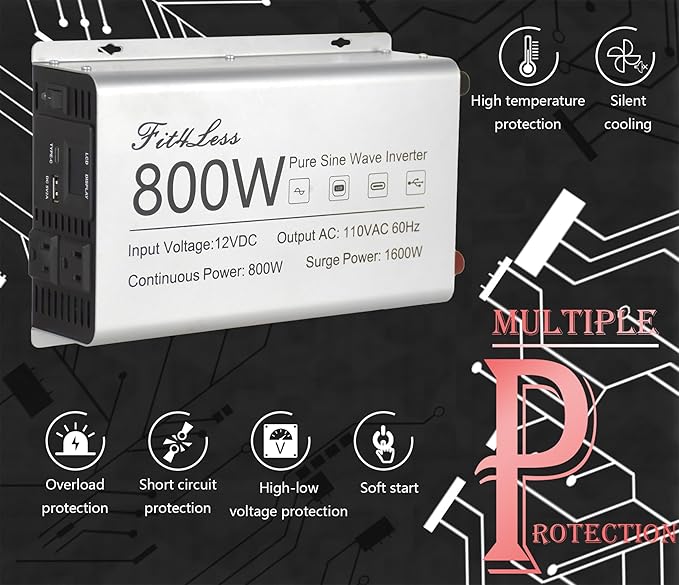 Pure sine Wave Inverter DC 12V Input and AC 110V Output with LCD Display, USB Output Port, Type-C Output Port(800W)