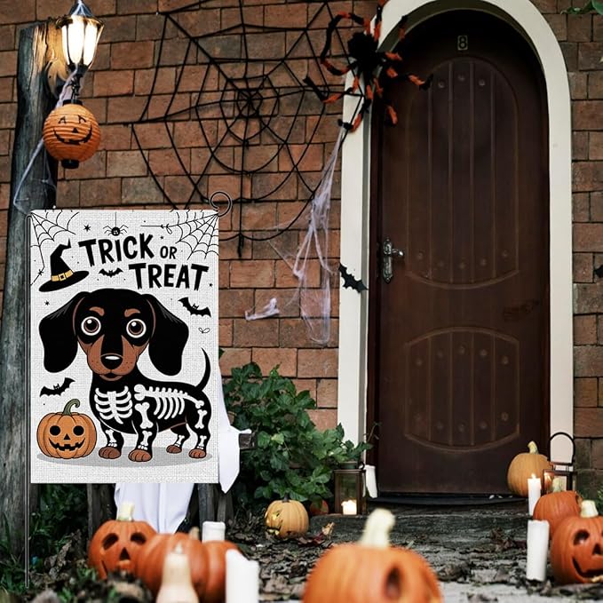 HTBIG Halloween Trick or Treat Garden Flags, Halloween Ghost Dog Pumpkin Decor, Yard Flags for Outside 12x18 inch, Holiday Skeleton Yard Outside for Home Decorations