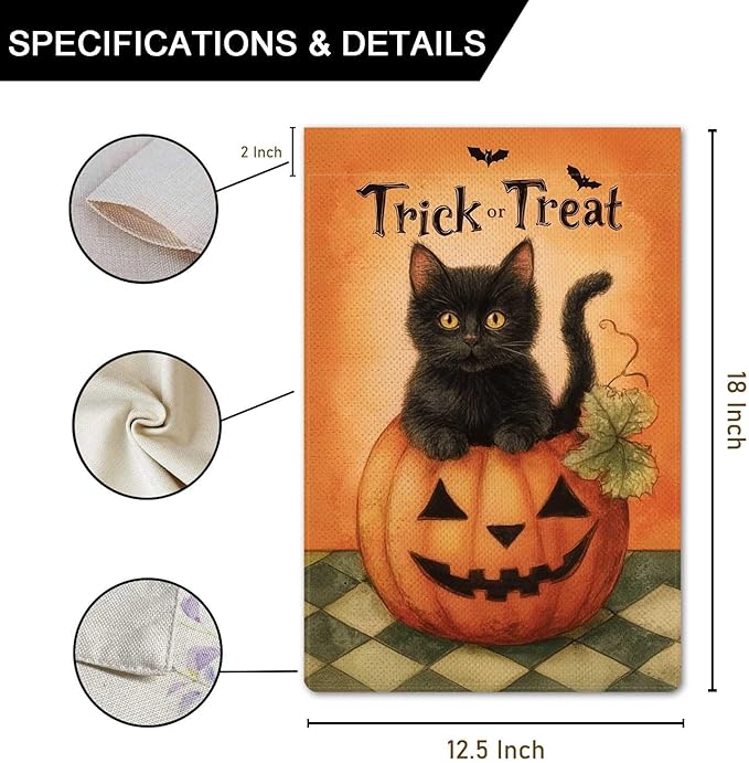 Trick or Treat Garden Flag Halloween Cute Black Cat Small Flag for Outside Pumpkin Bat Burlap Double Sided Welcome Yard Lawn Decor 12.5x18"