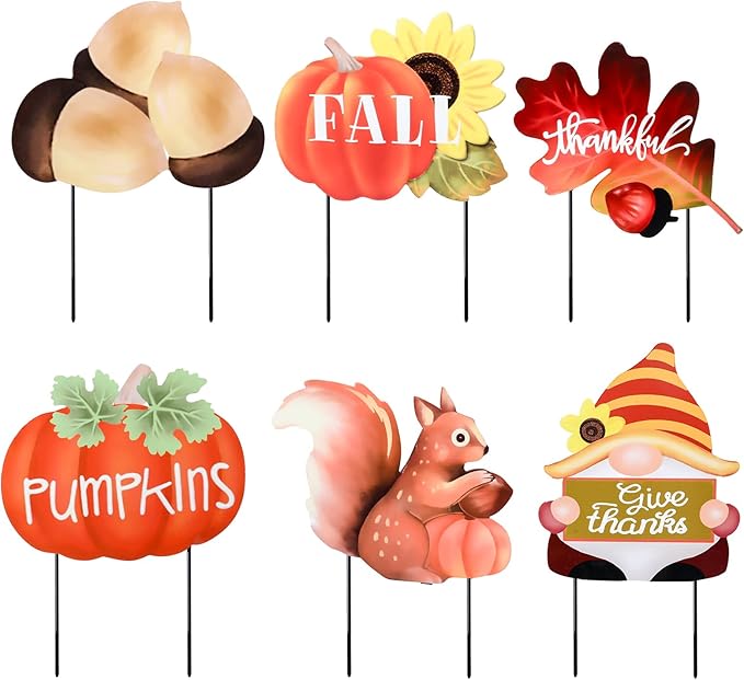 WONDER GARDEN Fall Yard Stakes Yard Signs, 6 PCS Metal Thanksgiving Garden Stakes with Pumpkin, Gnome, Maple Leaf, Chestnut and Squirrel for Harvest,Outdoor, Lawn,Farmhouse Decorations