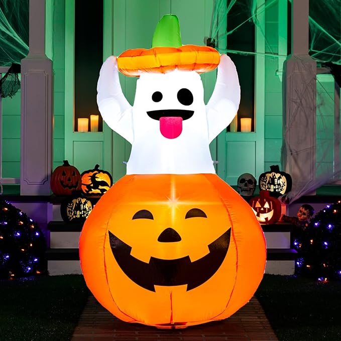Joiedomi 5 FT Halloween Inflatable Ghost Outdoor Decorations, Blow Up Yard Decorations in Pumpkin, Blow Up Ghost Inflatable with LEDs for Cute Halloween Decor