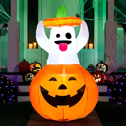 Joiedomi 5 FT Halloween Inflatable Ghost Outdoor Decorations, Blow Up Yard Decorations in Pumpkin, Blow Up Ghost Inflatable with LEDs for Cute Halloween Decor