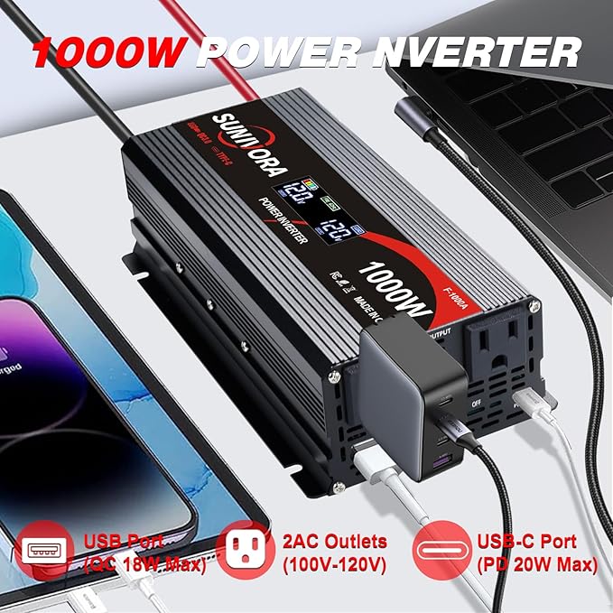 1000 Watt Inverter with LCD Display 12V DC to 110V/120V AC 2000 Watt(Peak) Car Power Inverter with 2 AC Outlets 20W PD USB-C and 18W QC USB-A Power Converter for Car, Laptops, Road Trip