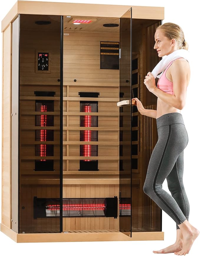 Infrared Sauna, 1-2 Person Home Sauna with 10 Minutes Warm-up Heater Tubes&Panels, Personal Sauna Spa Room for with 2-in-1 Door Handle, Canadian Hemlock and Panoramic Tempered Glass,120V