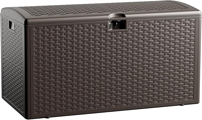 73 Gallon Resin Deck Box, Double Layer Waterproof & Outdoor Indoor Lockable Storage Box for Patio Furniture Cushions Garden Tools (Brown)