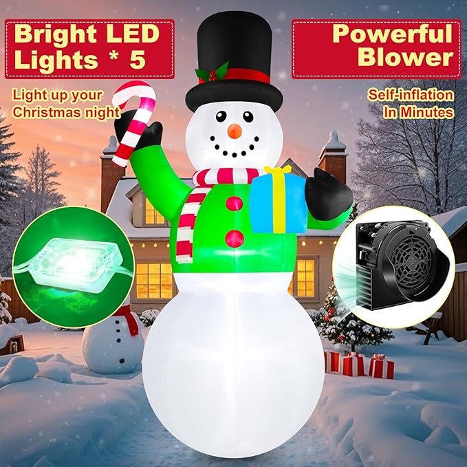 Danxilu 12ft Tall Christmas Inflatables Snowman Decorations Outdoor Giant Blow Up Candy Cane Yard Decor Large Merry Xmas Blowups Snow Man with Led Lighted for Front Outside Lawn Holiday Vacation Party