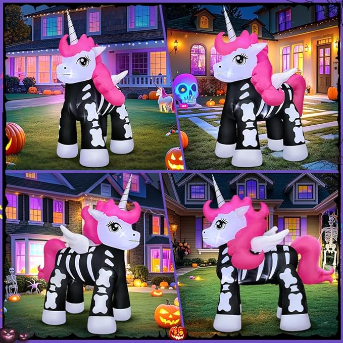 5FT Halloween Inflatables Decoration Outdoor, Halloween Blow up Outdoor Decoration, Built in LED Lights Skeleton Unicorn Decorations for Party, Indoor, Outdoor, Garden, Yard Lawn Décor