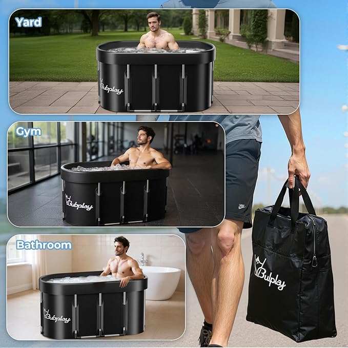 130 Gallons Large Oval Ice Bath Tub for Athletes & Adults, Cold Plunge Tub with Cover, Ice Plunge Tub for Recovery & Cold Water Therapy, Inflatable Ice Bath Barrel for Indoor Outdoor- Black