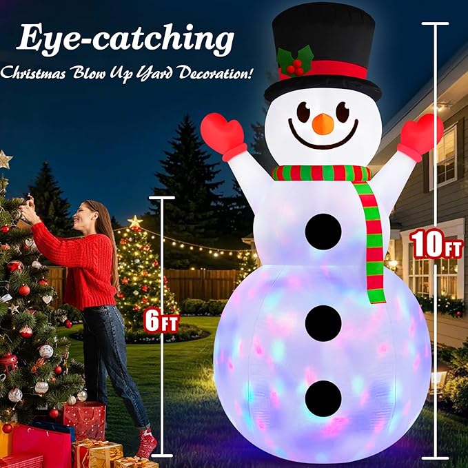 Danxilu 10 FT Christmas Inflatable Snowman Outdoor Decorations Built in Rotating Colorful Light Giant Inflatable Snow Man Yard Decoration Xmas Blow Ups for Outside Indoor Garden Holiday Party Decor