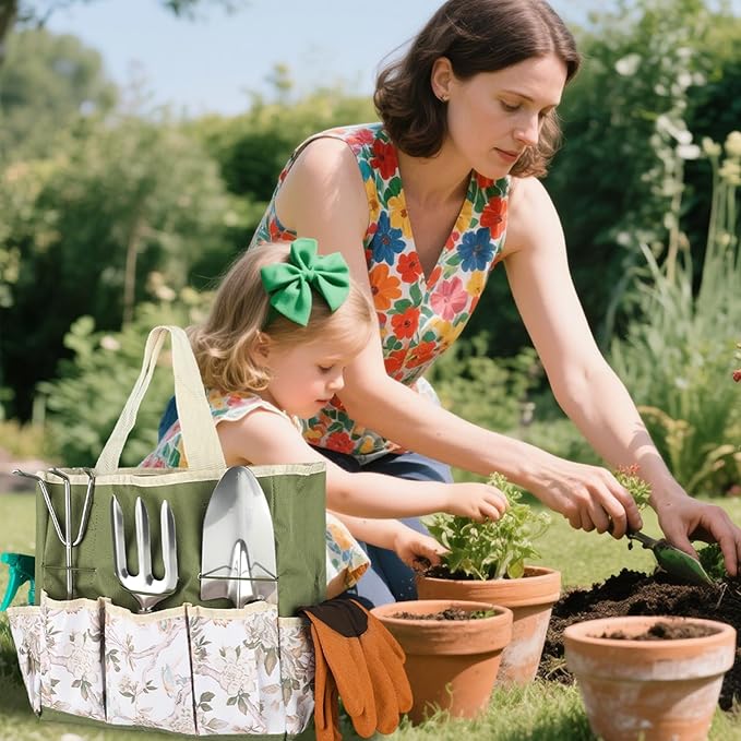 Heavy Duty Gardening Tools, 9 Pieces Garden Tool Set, Stainless Steel Rust Proof Non-Slip Garden Hand Tools with Fashion and Durable Storage Bag, Ideal Gardening Gifts for Women Men Mom