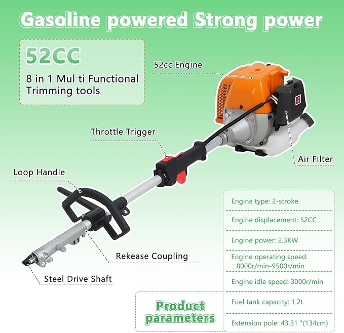 Weed Wacker Gas Powered,8 in 1 Multi Trimming Tool,52CC 2-Cycle Gas Powered Hedge Trimmer,Weed Eater,String Trimmer,Brush Cutter,Edger,Pole Saw Chainsaw Pruner with Extension Pole 1.2L 2.3kw