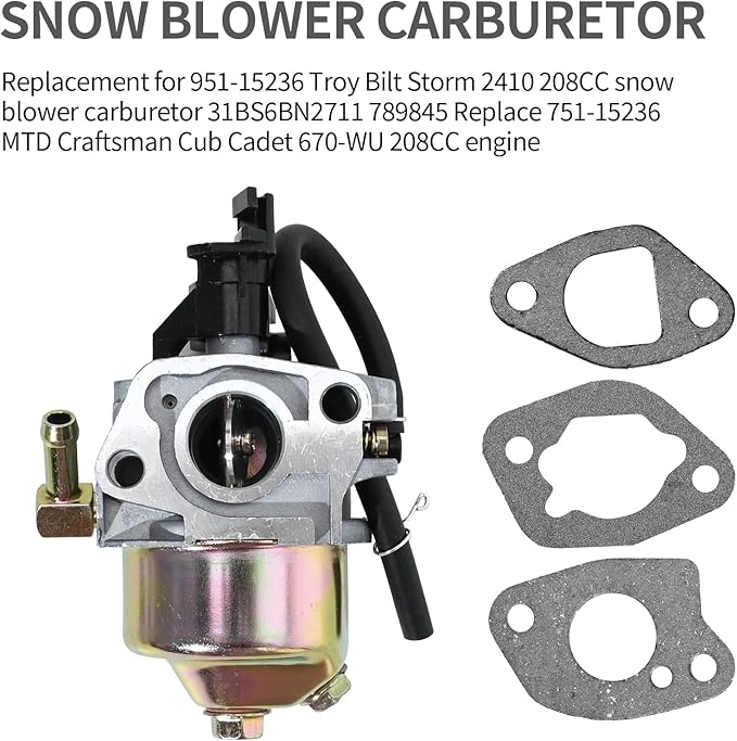751-15236 208cc Carburetor Carb Replacement for Craftsman SB410 24" 31AS6BEE793 Replacement for Troy-Bilt Storm 2410 31BS6BN2711 Snow Blower, Replace # 751-15236 951-15236