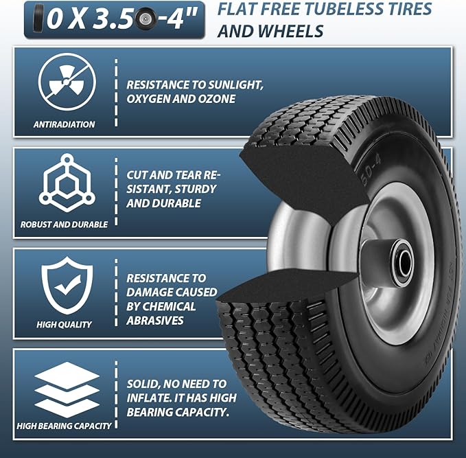 Cenipar 10" 4.10/3.50-4" Flat Free Tire and Wheel 10" Polyurethane Solid Tire with 5/8" Bearings 2.2" Offset Hub -10” Solid Tires for Wagon Wheelbarrow Garden Cart Hand Truck Generator