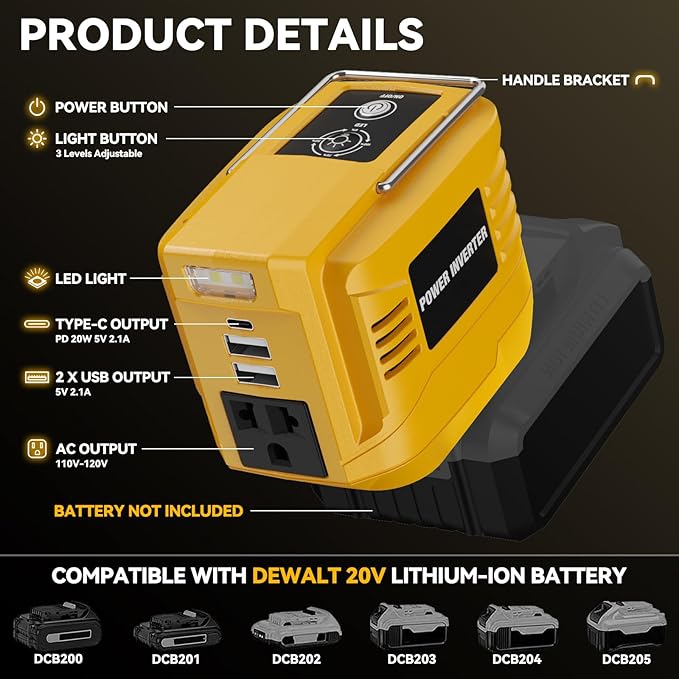 200W Power Inverter for Dewalt 20V, DC 20V to AC 110V Inverter, Portable Power Station with 2 USB Ports & 1 AC Outlet & 1 Type-C Fast Charging, Battery Adapter with LED, Battery Not Included