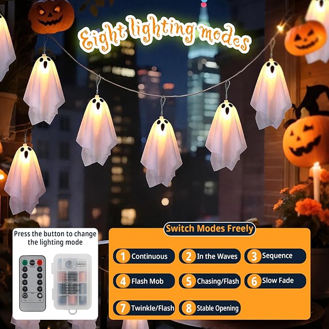 10p Halloween Decorations Outdoor,Ghost Decoration with Remote Control String Lights,Halloweens Party Decoration Indoor Porches Yards Gardens Lawn