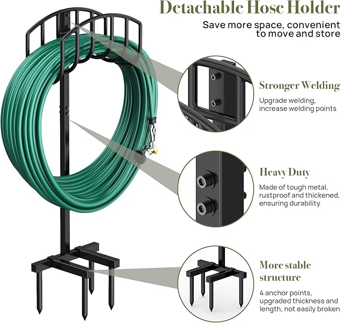 Garden Hose Holder Detachable Heavy Duty Metal Water Hose Hanger, Freestanding Hose Storage Stand Rack for Outside (Black)