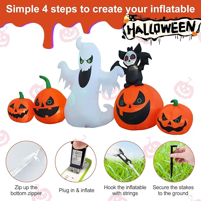 8ft Bat Pumpkin Row Stand Halloween Inflatable Outdoor Decoration, Yard Decorations with LED Lights for Outdoor Lawn, Garden, Home Holiday Party
