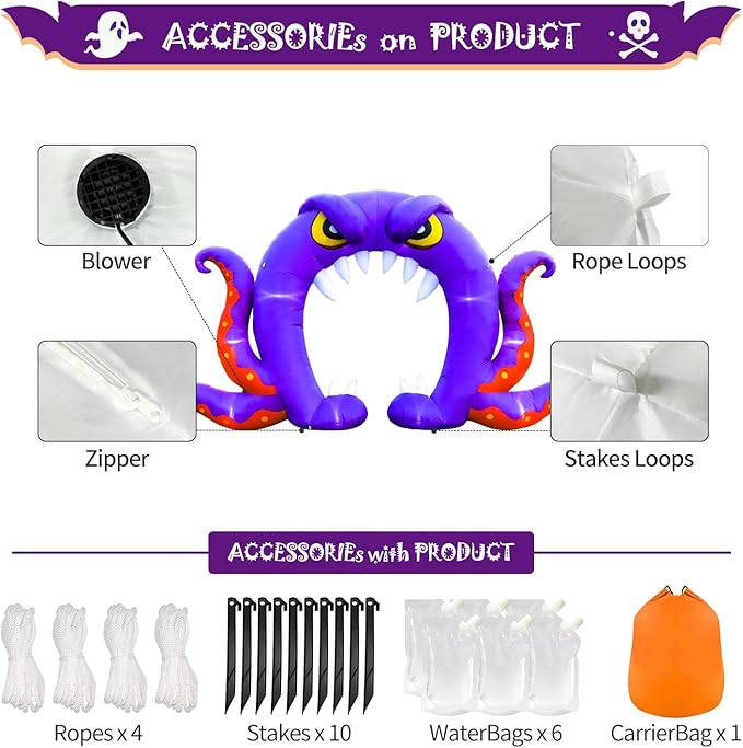 DomKom Halloween Inflatable Blow Up Decorations, 16FT Long 8FT Tall Purple Monster Octopus Archway, Built-in LEDs for Holiday Party, Garden, Lawn, Yard, Patio Décor