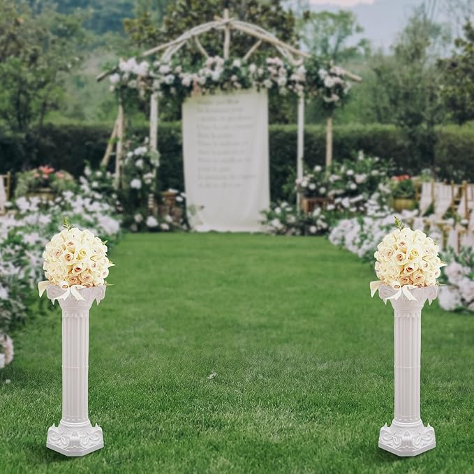 Roman Columns Wedding Column Stand Roman Pillar Plant Stand Plastic Greek Column Statue Pedestal Flower Pot Holder Decor, Wedding Event Party Elegant Decorative Column (White, 2Pcs, 10.63x34.65 Inch)