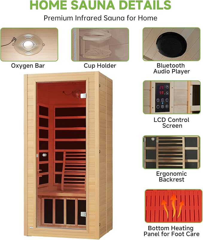 Real Relax Infrared Home Sauna, 1 Person Canadian Hemlock Wood Indoor Dry Saunas with Red Low Emf Light Therapy, Bluetooth Speakers, 9-Color Chromotherapy Lights, 110v for Personal Spa