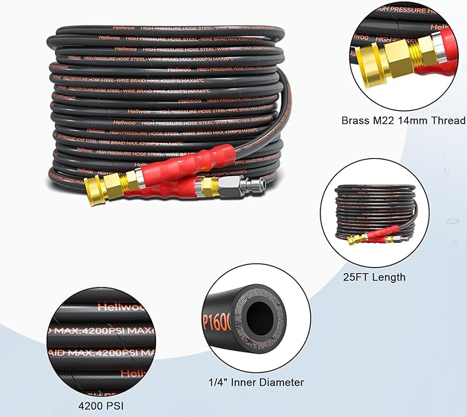 Pressure Washer Hose 25FT, 4200PSI 1/4 No Marking Kink Free Hose with 3/8 Quick Connect Ends and Adapters for Hot & Cold Water up to 140°F, Steel Wire Braided Hose for Power Washing