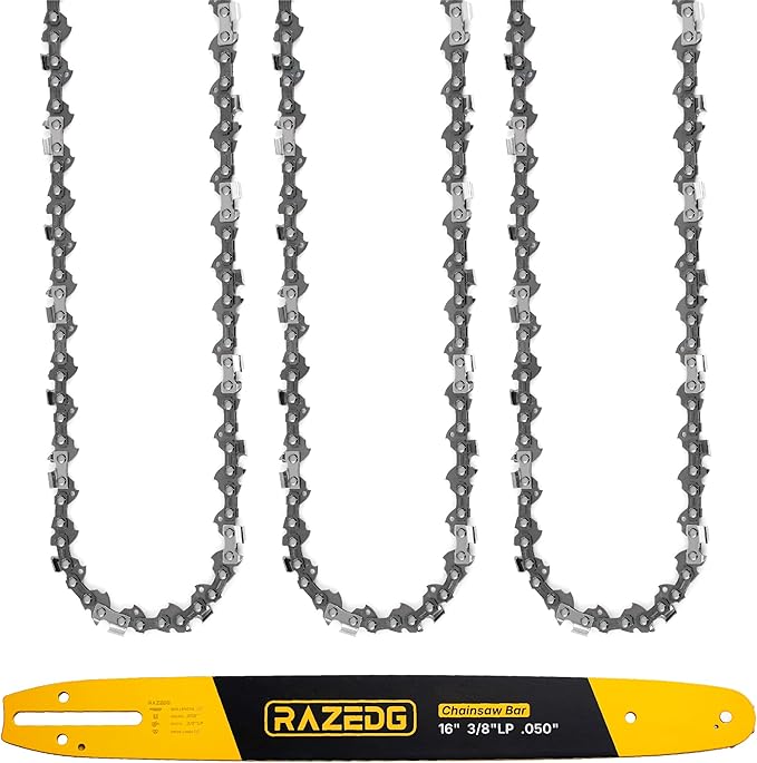 16 Inch Chainsaw Bar and Chain Combo, 3/8" LP Pitch, 050" Gauge, 56 Drive Links, Fits Ryobi, Makita, Echo, Poulan, Craftsman, Greenworks and More (1 Bar + 3 Chains)