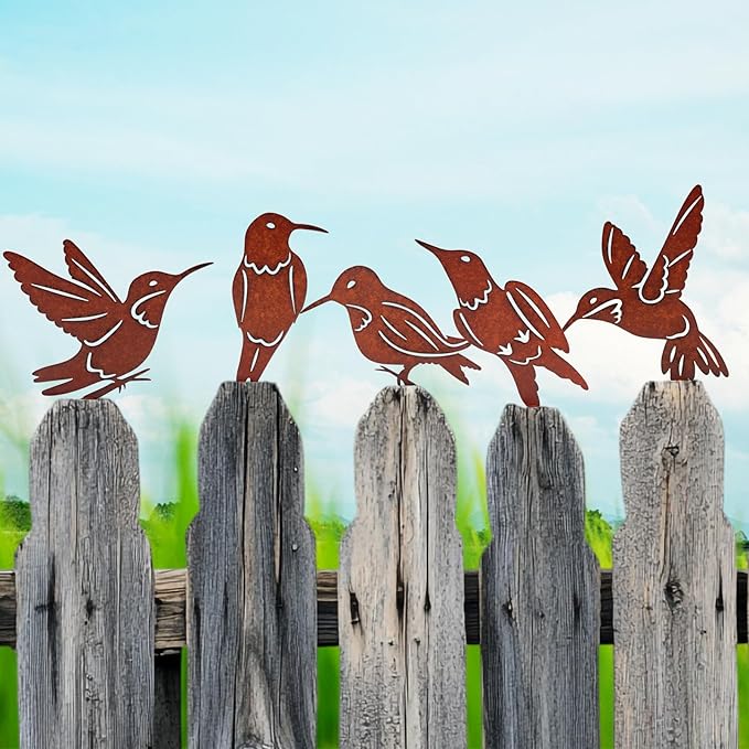 5PCS Rusty Birds Decoration, Outdoor Metal Birds Decor for Yard, Wall & Fence - Hummingbirds Craft Statue Ornaments - Garden Sculptures and Yard Art - Rustic Garden/Farmhouse Decor, Double-Side Design