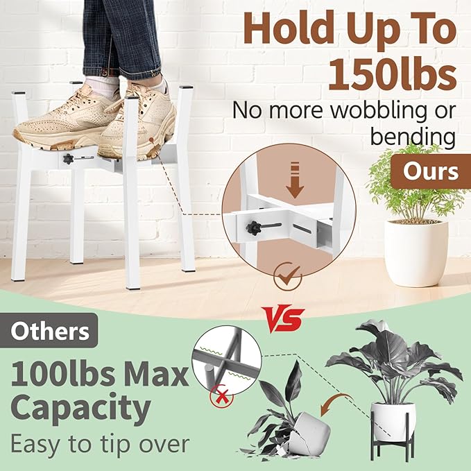 LASZOLA White Adjustable Plant Stand for Single Large Outdoor Indoor Planters, Heavy Duty Metal Floor Fern Holder Fits 8 to 12 Inch Pots, Elevated Big Flower Stool for Patio – Pot Not Included, 1 Pack