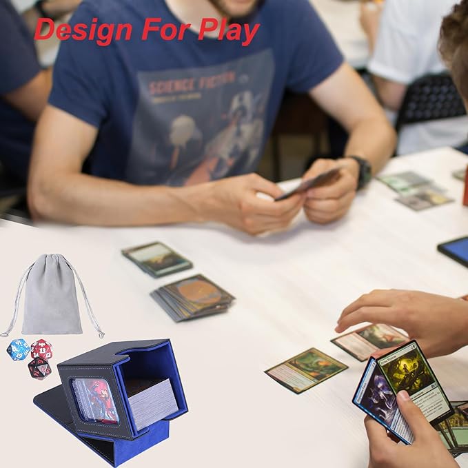 AFIING MTG Deck Box for Commander Display,Card Deck Box Fits 100 Double Sleeved Cards, Magic Commander TCG Storage Box with 2 Dividers,Drawstring Bag and 1 Toploader(Black/Blue)