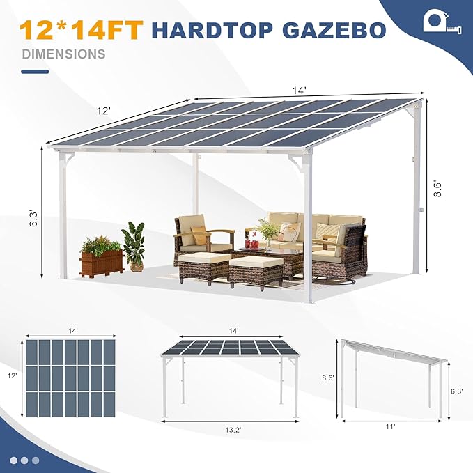 MEISSALIVVE 12' x 14' Wall Mounted Lean to Metal Awnings with Sloped Roof, Outdoor Patio Gazebo Awning for Backyard, Deck, White