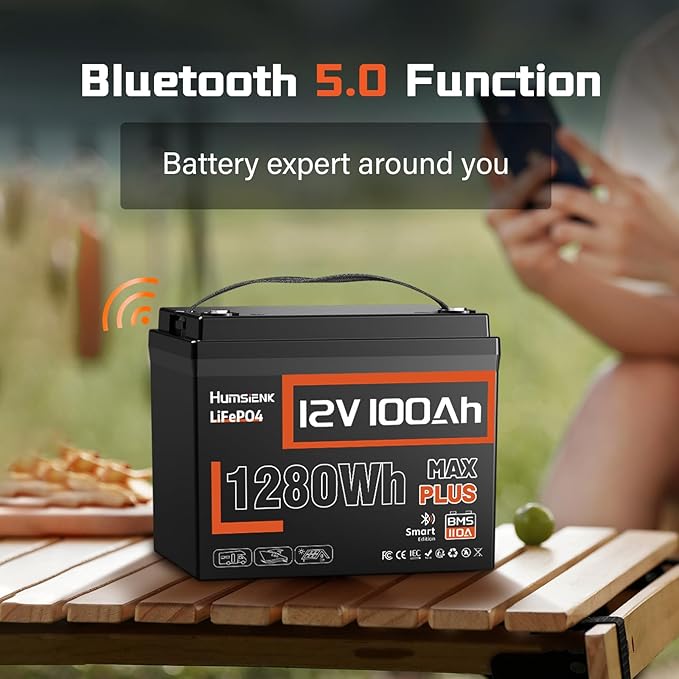 12V 100Ah LiFePO4 Lithium Battery MAX with Bluetooth 5.0, 15000+ Deep Cycles, 1280Wh Lithium Iron Phosphate Battery, Built-in 110A BMS with Low-Temp Protection for RV, Marine, Trolling Motors