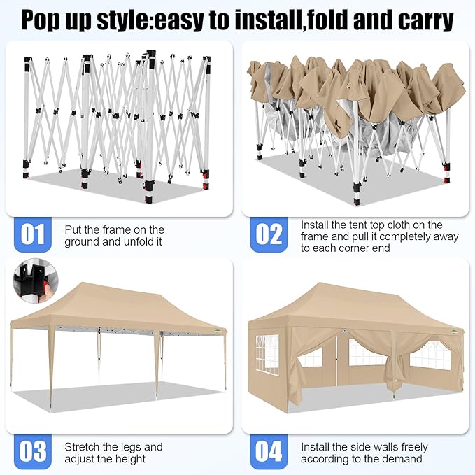 COBIZI 10x20 Pop Up Canopy with 6 Sidewall, Commercial Canopy UPF 50+ Waterproof Outdoor Gazebo with Carry Bag, Tents for Parties with Upgrade Frame, 3 Height Adjustable, Khaki