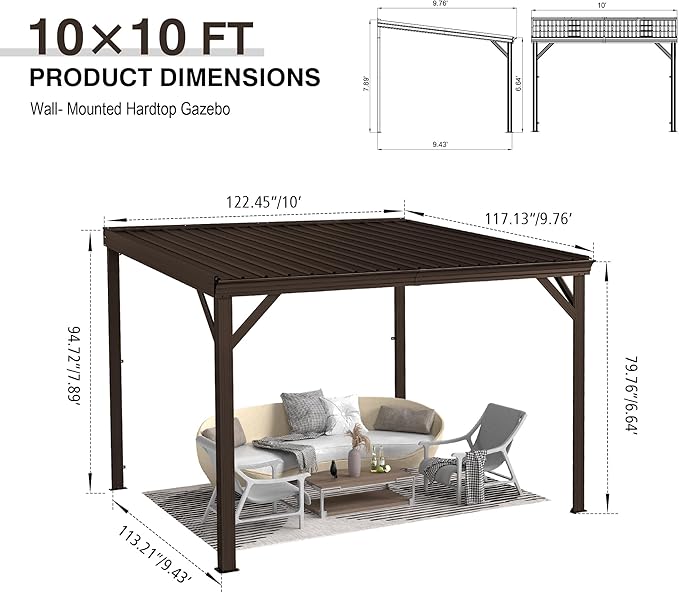 Domi 10'x10' Lean to Gazebo Hardtop, Expandable Wall Mounted Pergola with Gutters & Galvanized Steel Roof, 60MPH Wind Resistance, Outdoor Heavy Duty Metal Awning for Patio, Deck, Backyard - Brown