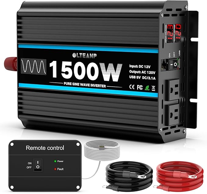 1500W Pure Sine Wave Inverter 12V DC to 110/120V AC Power Inverter with 2 AC Outlets, 3.1A USB Port, LCD Display, Remote Controller, Car Power Converter for Truck, Home, Vehicles, Boat