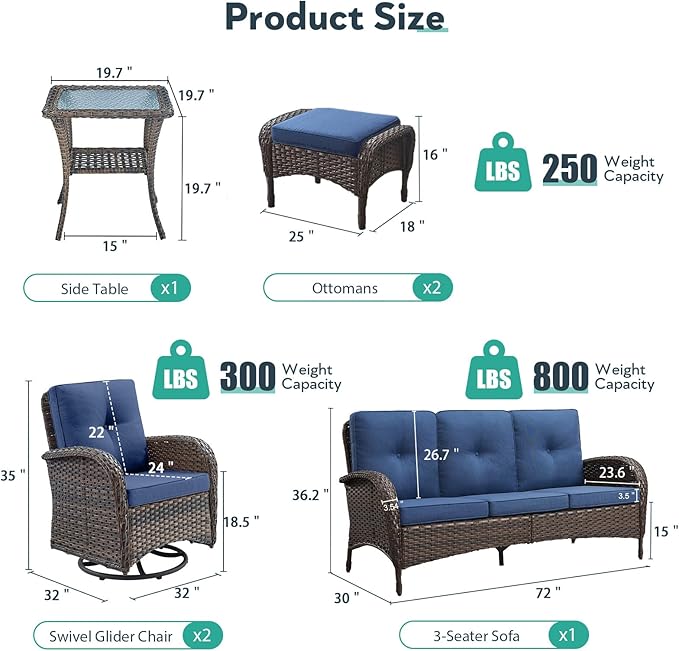 6 Piece Patio Furniture Set - Wicker Patio Conversation Set with Swivel Glider, 3-Seater Sofa, Tempered Glass Side Table and 2 Ottomans for Deck Backyard - Brown Wicker Blue Cushion