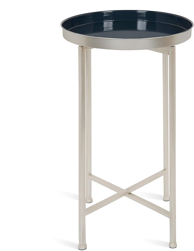 Kate and Laurel Celia Round Foldable Tray Accent Table, 14" x 14" x 25.75", Navy and Silver, Modern Minimalist Design and Magnetic Detachable Tabletop